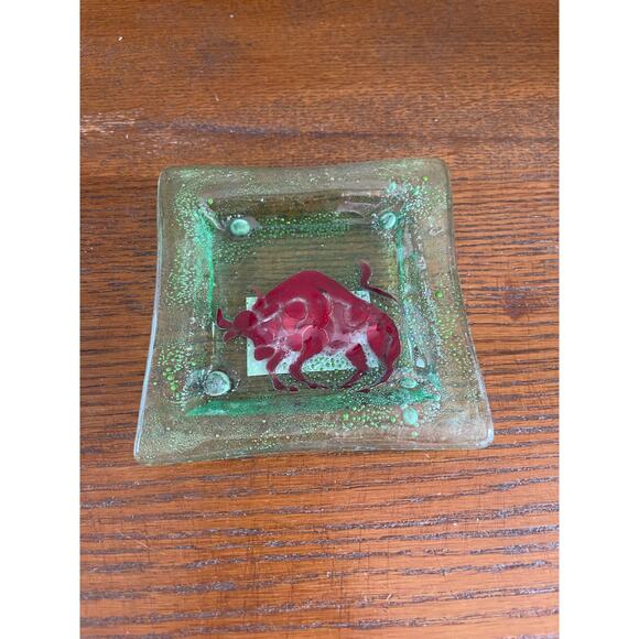 Opalo Vidrio Reposado Al Fuego Green Fused Art Glass Trinket Dish Bull Taurus 4" - Picture 5 of 10